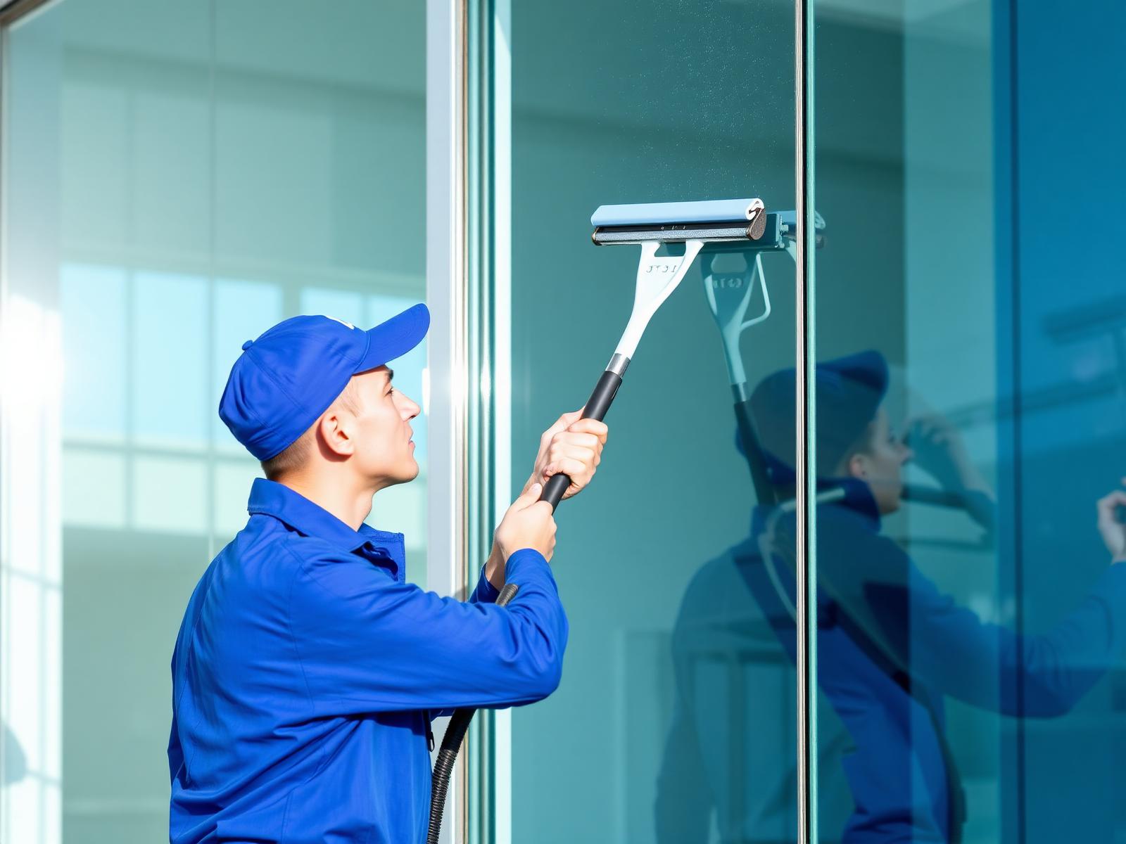 Professional window cleaner at work